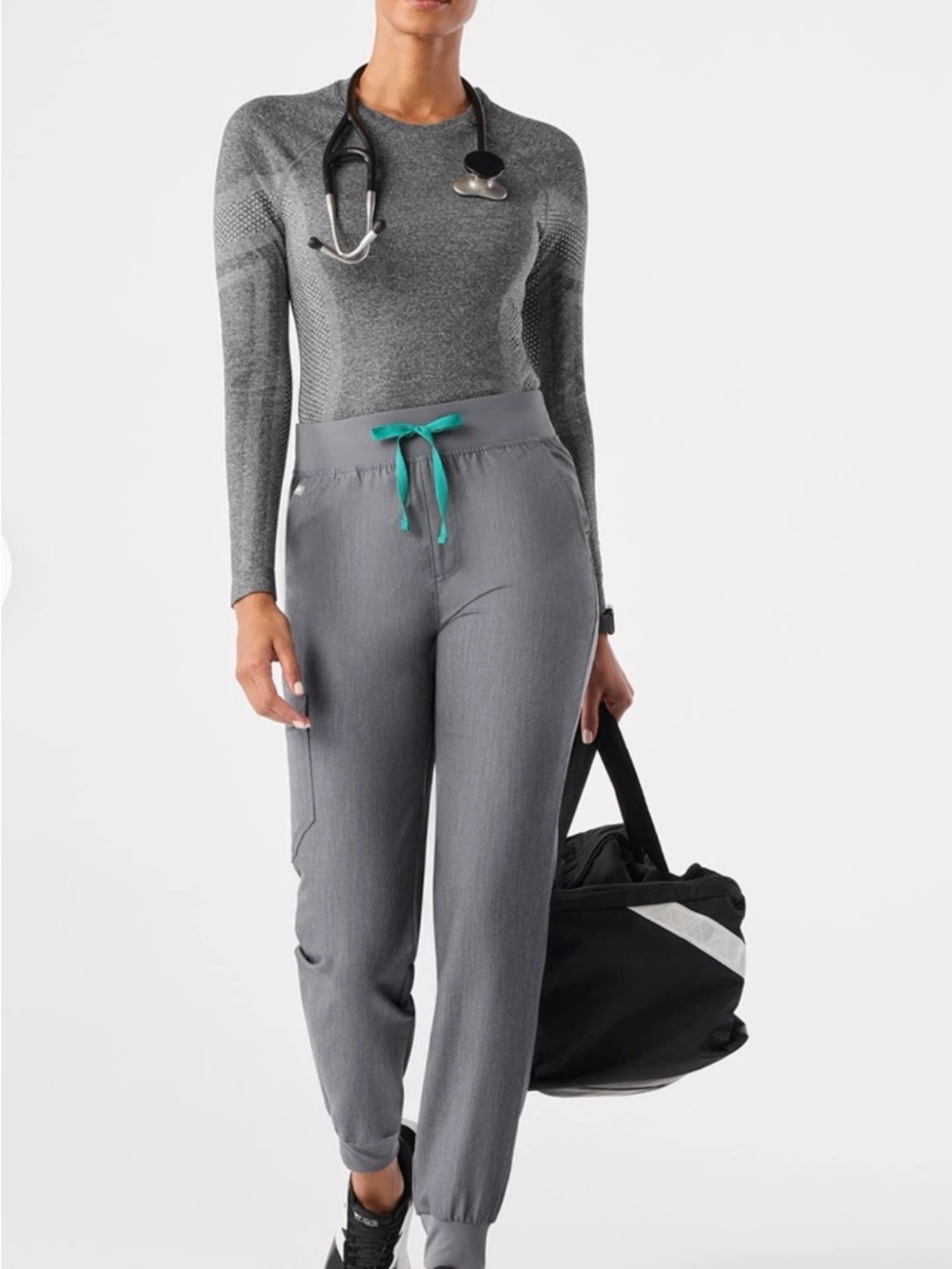 Figs Gray Jogger Pants with Teal Drawcord